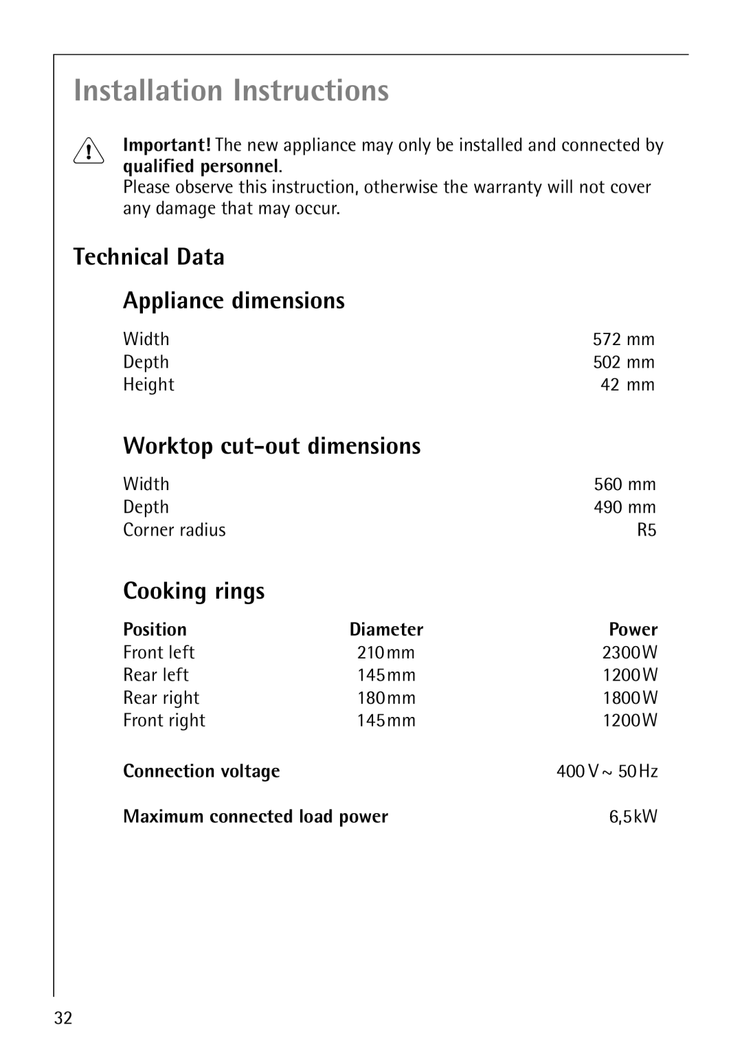 AEG 61000M manual Technical Data Appliance dimensions, Worktop cut-out dimensions, Cooking rings 