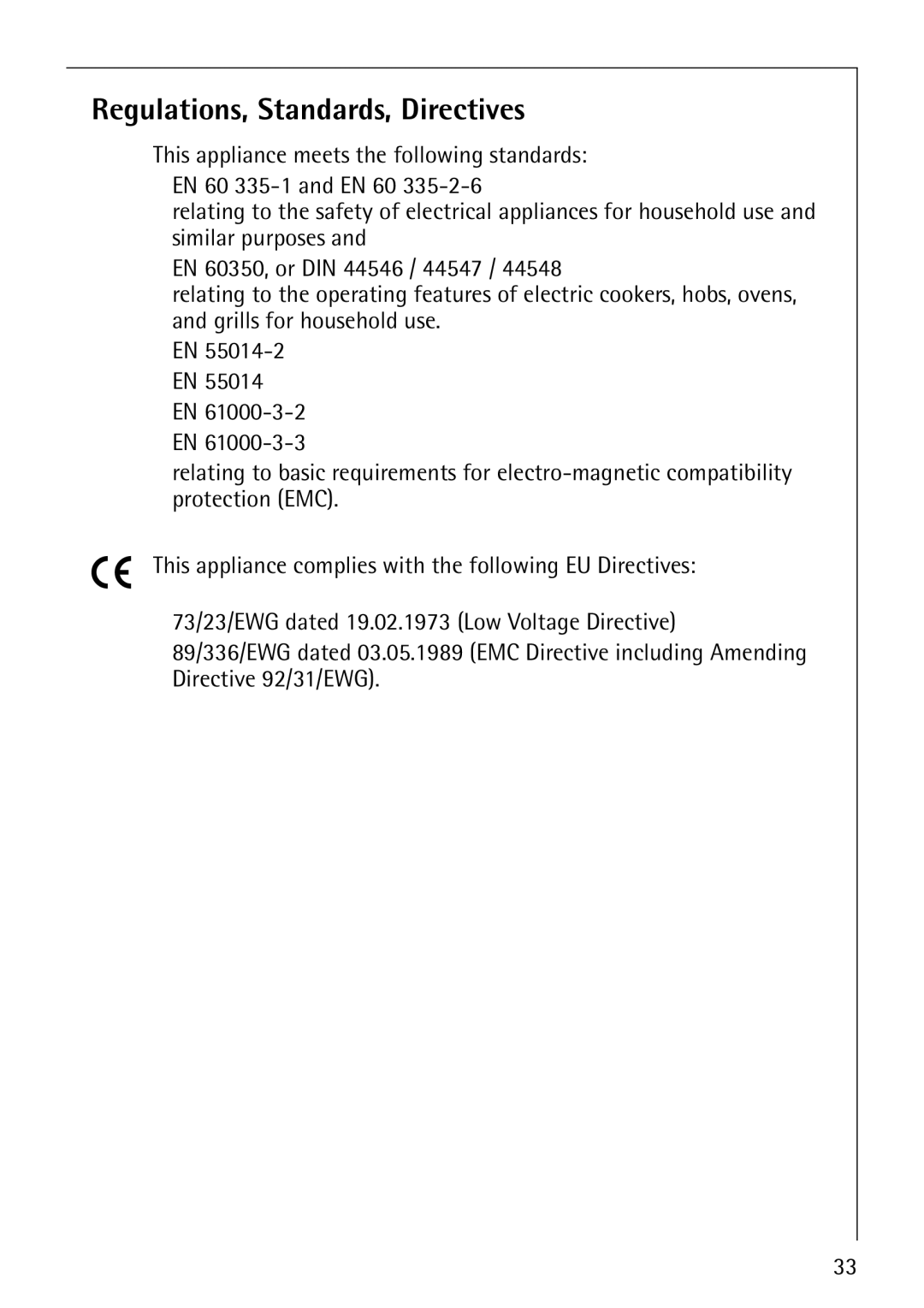 AEG 61000M manual Regulations, Standards, Directives 