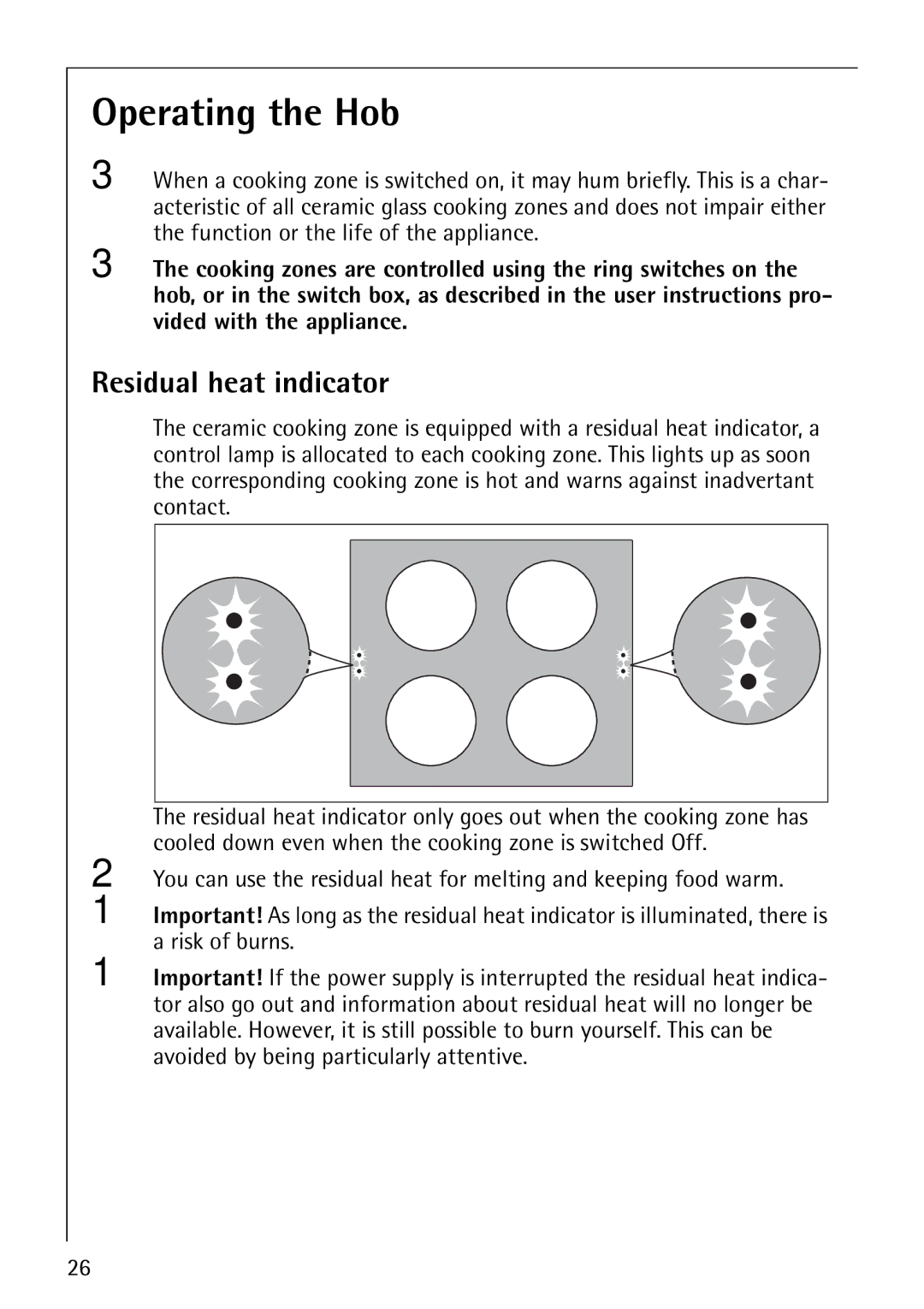 AEG 61000M manual Operating the Hob, Residual heat indicator 