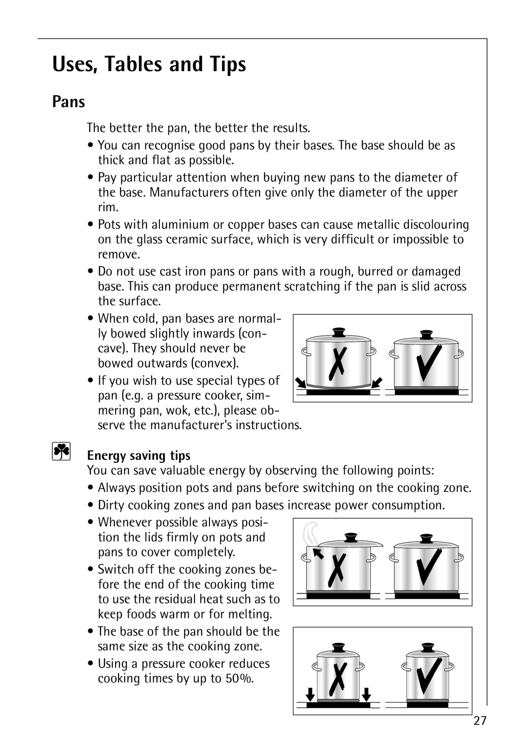 AEG 61000M manual Uses, Tables and Tips, Pans, Energy saving tips 