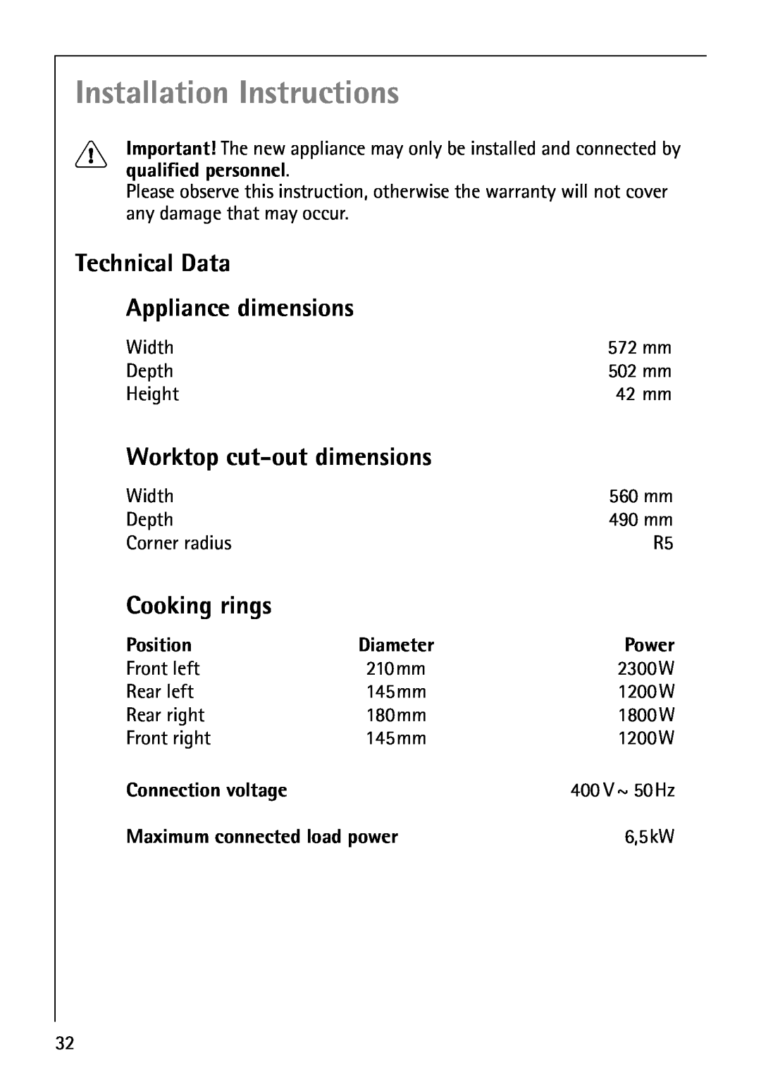 AEG 61000M Installation Instructions, Technical Data Appliance dimensions, Worktop cut-outdimensions, Cooking rings, Power 