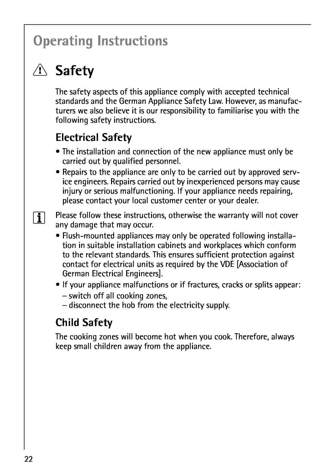 AEG 61000M manual Operating Instructions, 1Safety, Electrical Safety, Child Safety 