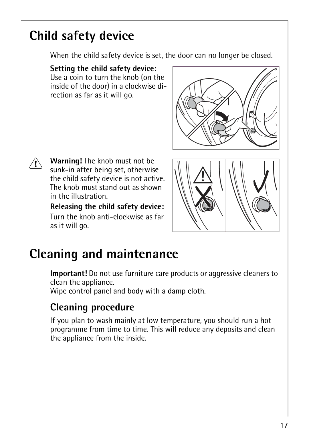 AEG 60900, 61900 manual Child safety device, Cleaning and maintenance, Cleaning procedure, Releasing the child safety device 