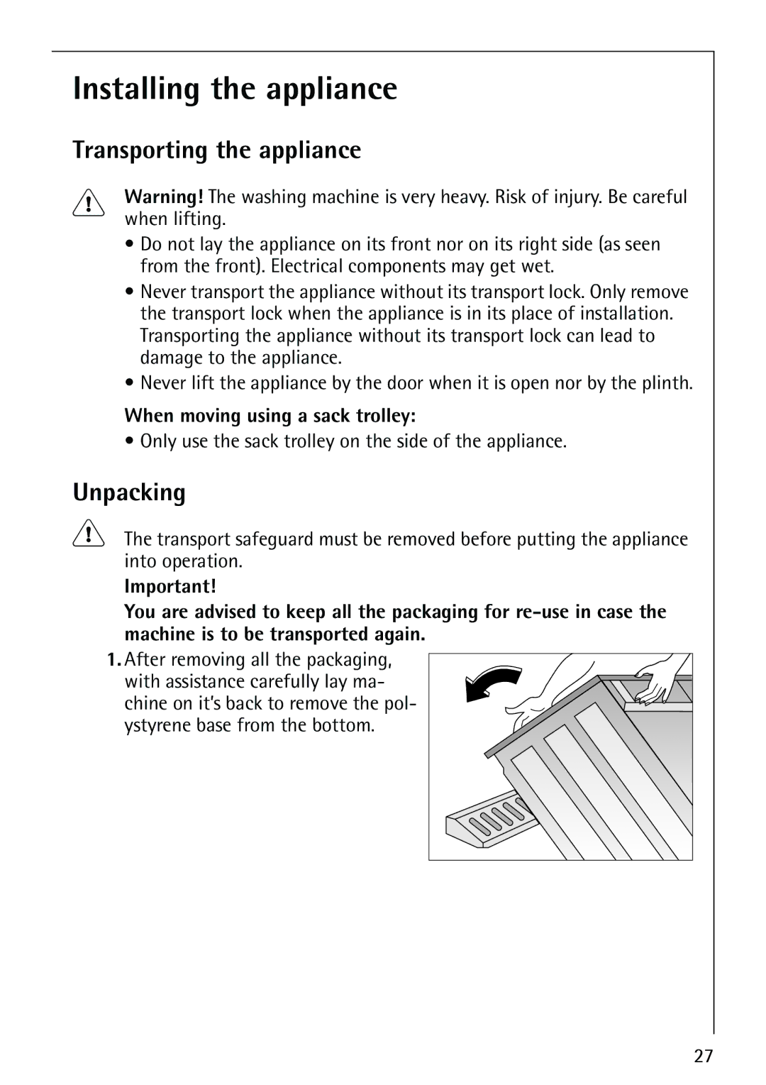 AEG 60900, 61900 manual Installing the appliance, Transporting the appliance, Unpacking, When moving using a sack trolley 