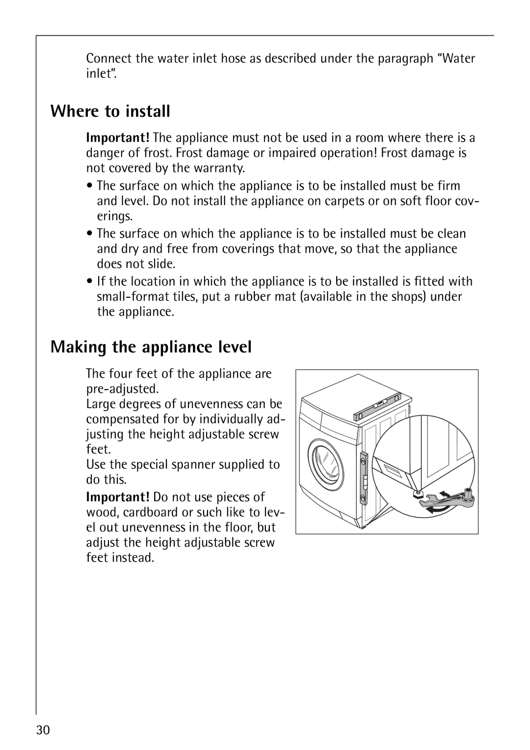 AEG 61900, 60900 manual Where to install, Making the appliance level 