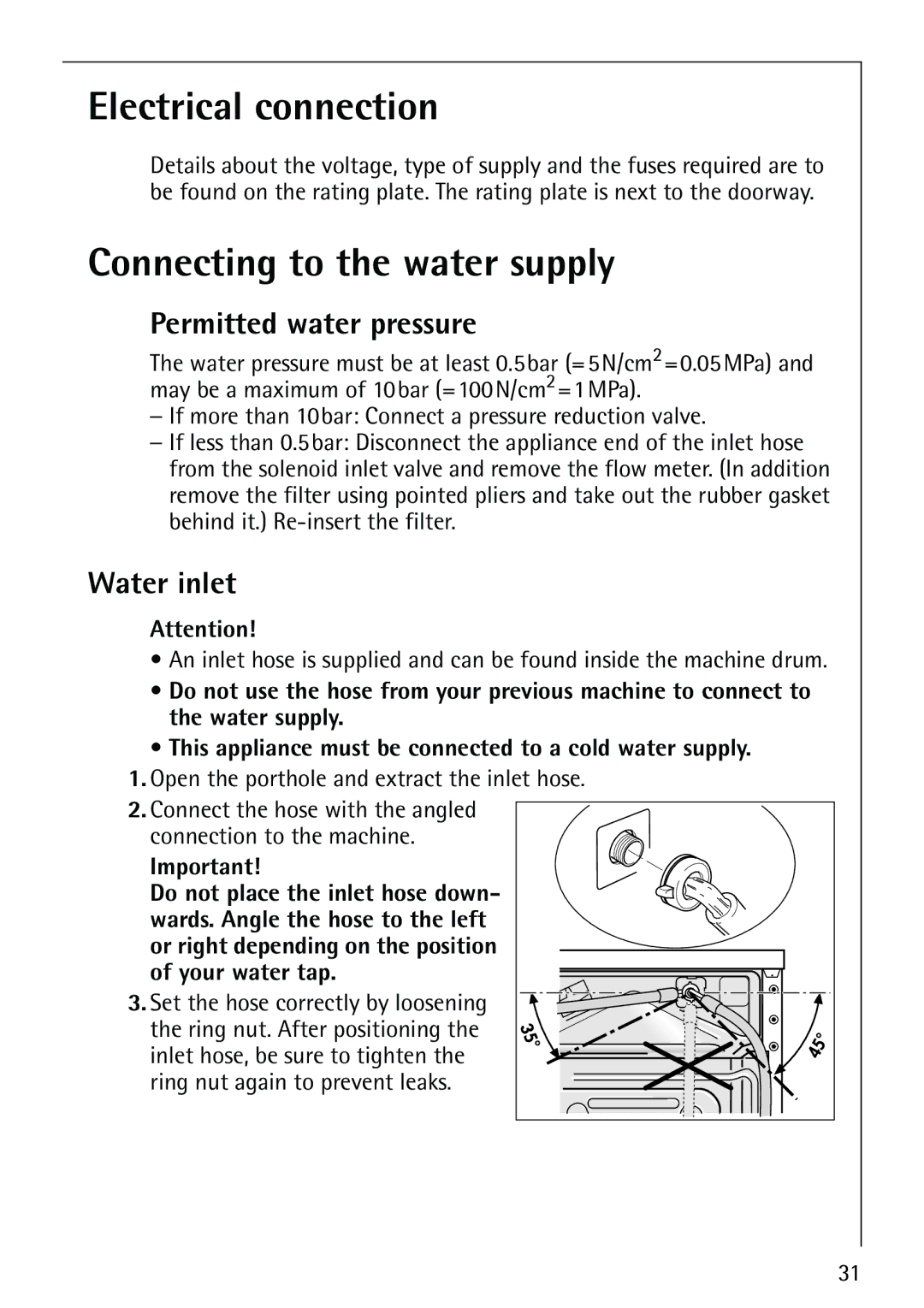 AEG 60900, 61900 manual Electrical connection, Connecting to the water supply, Permitted water pressure, Water inlet 