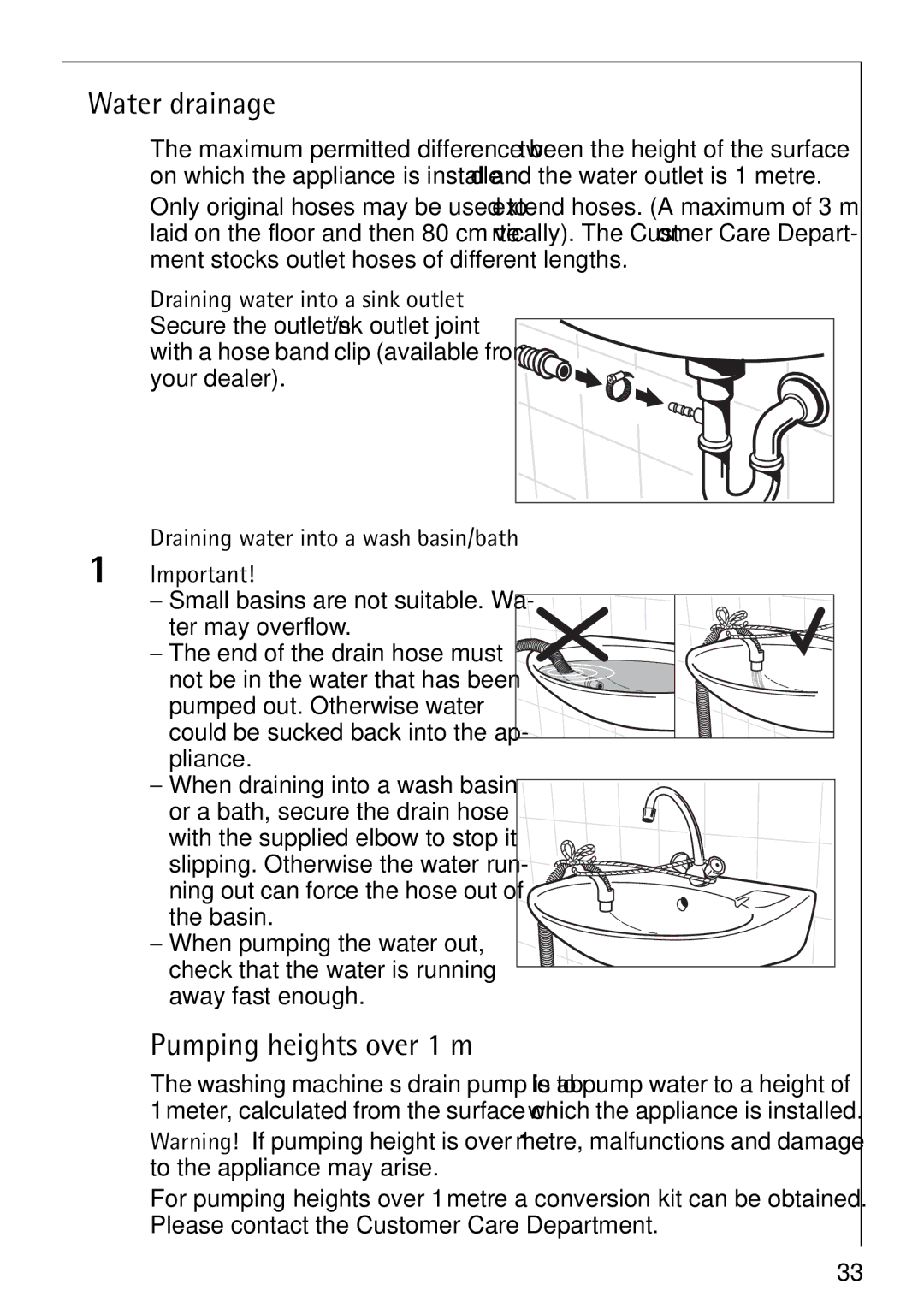 AEG 60900, 61900 manual Water drainage, Pumping heights over 1 m, Draining water into a wash basin/bath 