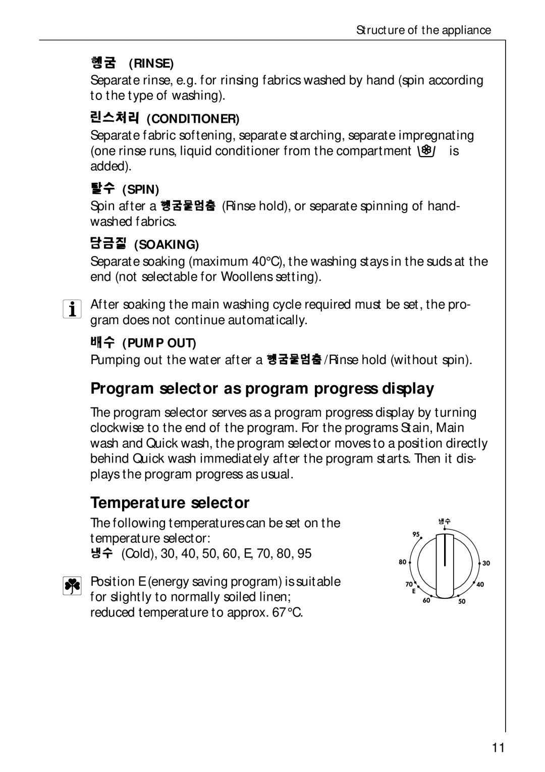 AEG 62600 operating instructions Program selector as program progress display, Temperature selector 