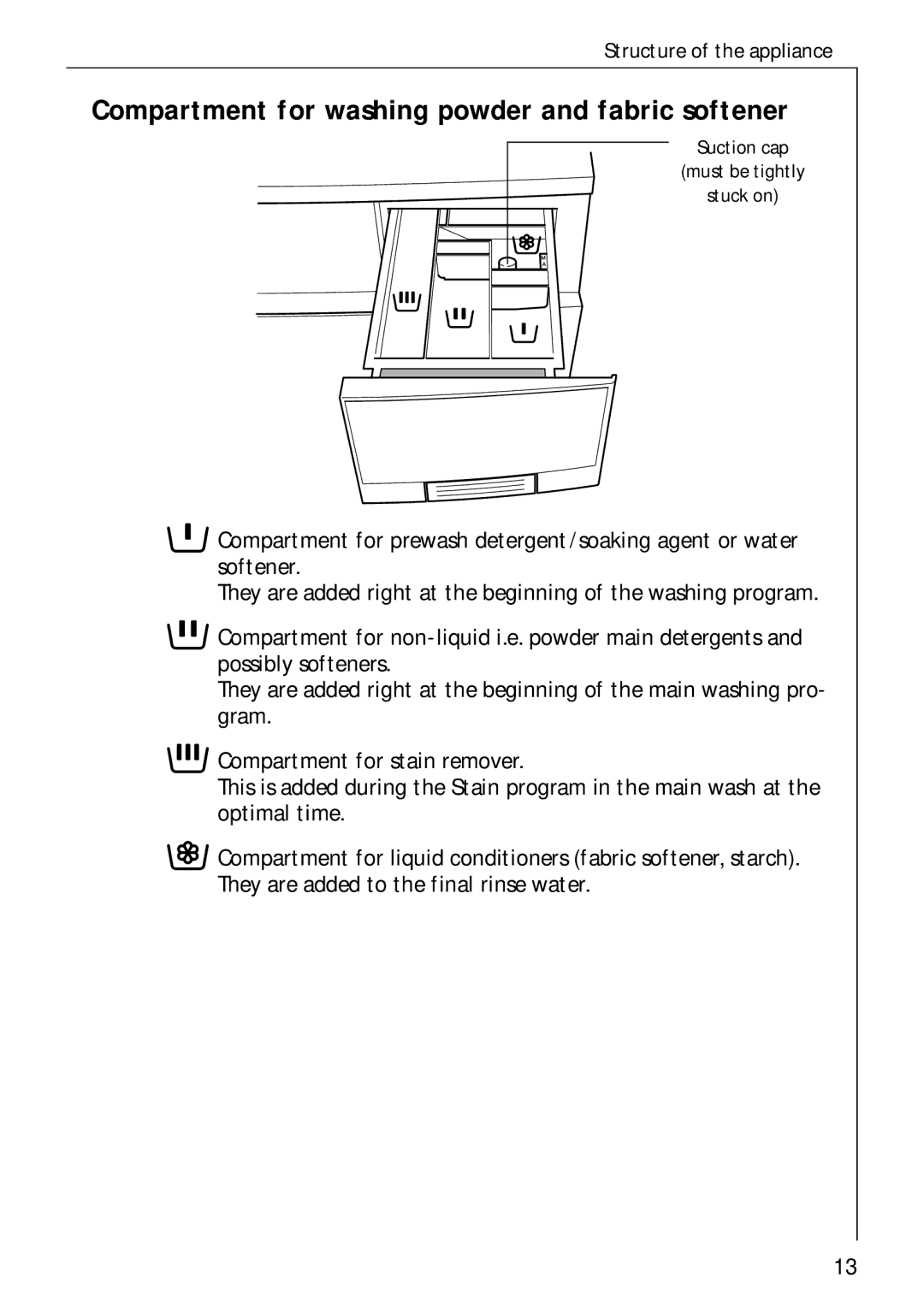 AEG 62600 operating instructions Compartment for washing powder and fabric softener 