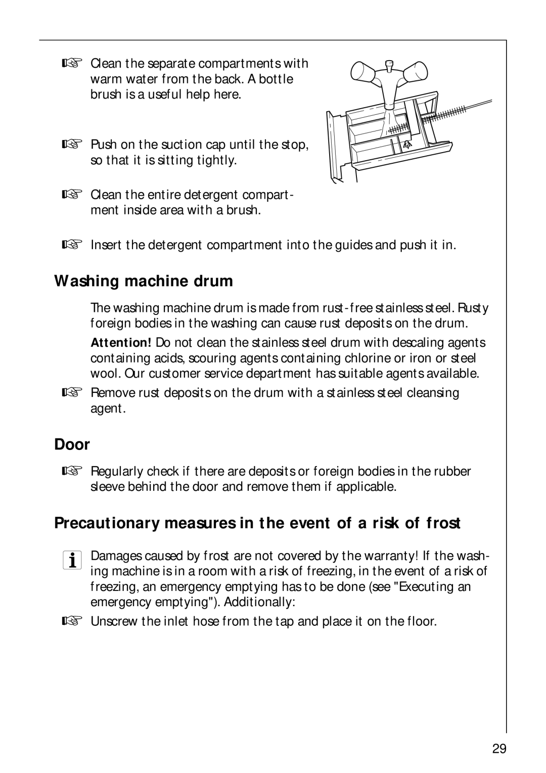 AEG 62600 operating instructions Washing machine drum, Door, Precautionary measures in the event of a risk of frost 