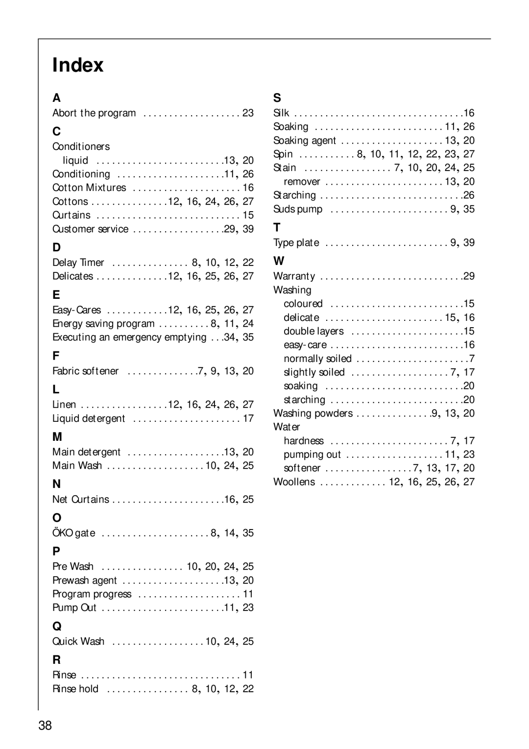 AEG 62600 operating instructions Index, Abort the program Conditioners 