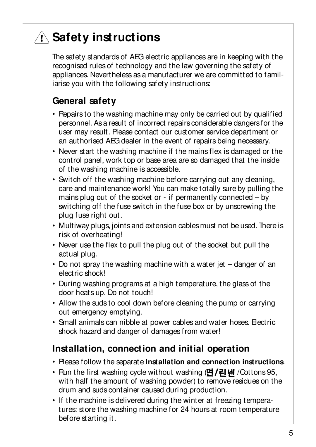 AEG 62600 operating instructions Safety instructions, General safety, Installation, connection and initial operation 