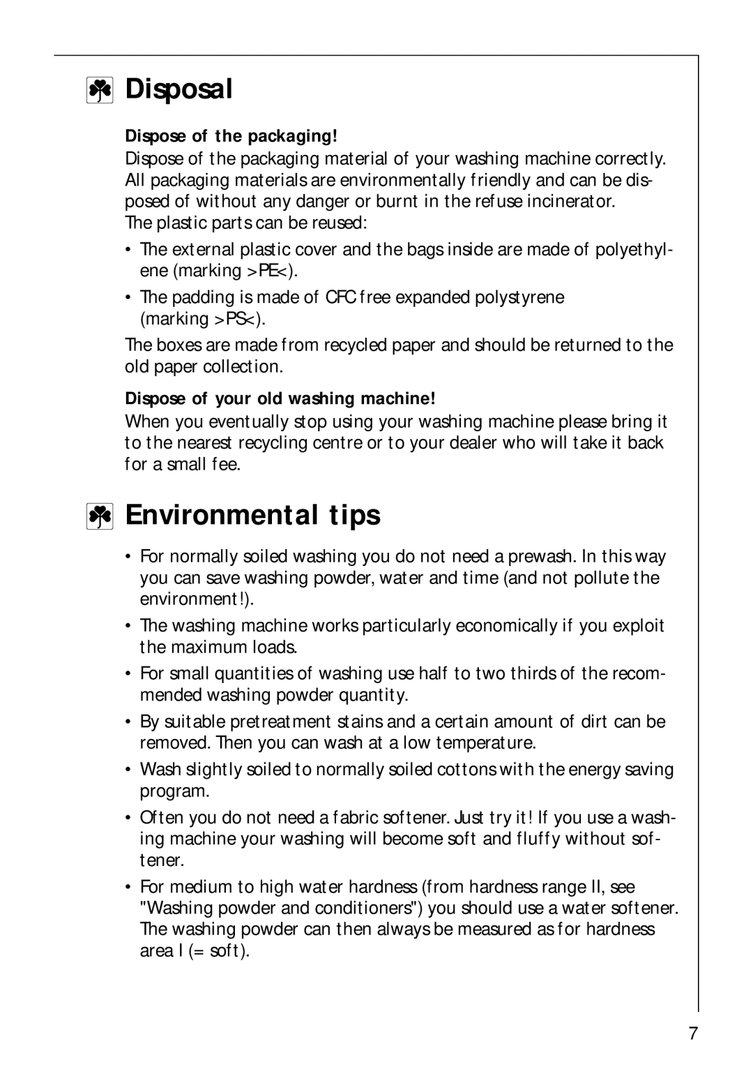 AEG 62600 Disposal, Environmental tips, Dispose of the packaging, Dispose of your old washing machine 