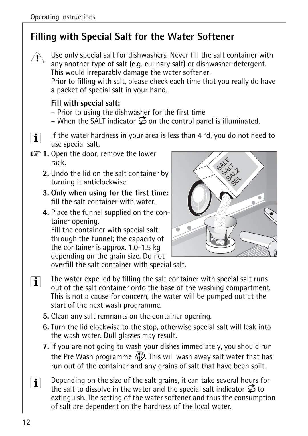 AEG 6281 I manual Filling with Special Salt for the Water Softener, Fill with special salt, Turning it anticlockwise 