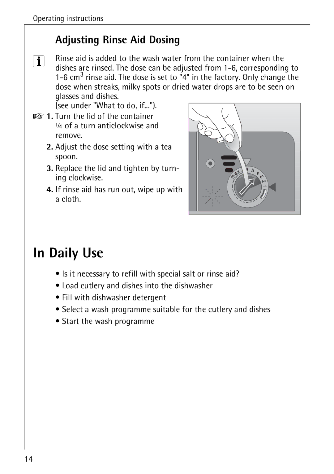 AEG 6281 I manual Daily Use, Adjusting Rinse Aid Dosing 