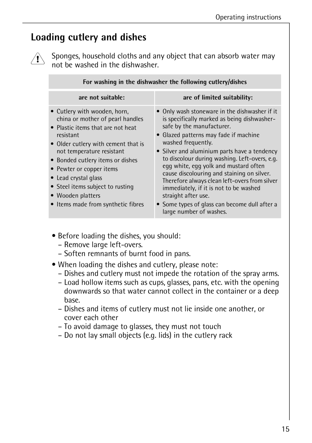 AEG 6281 I manual Loading cutlery and dishes, Not be washed in the dishwasher, Before loading the dishes, you should, Base 