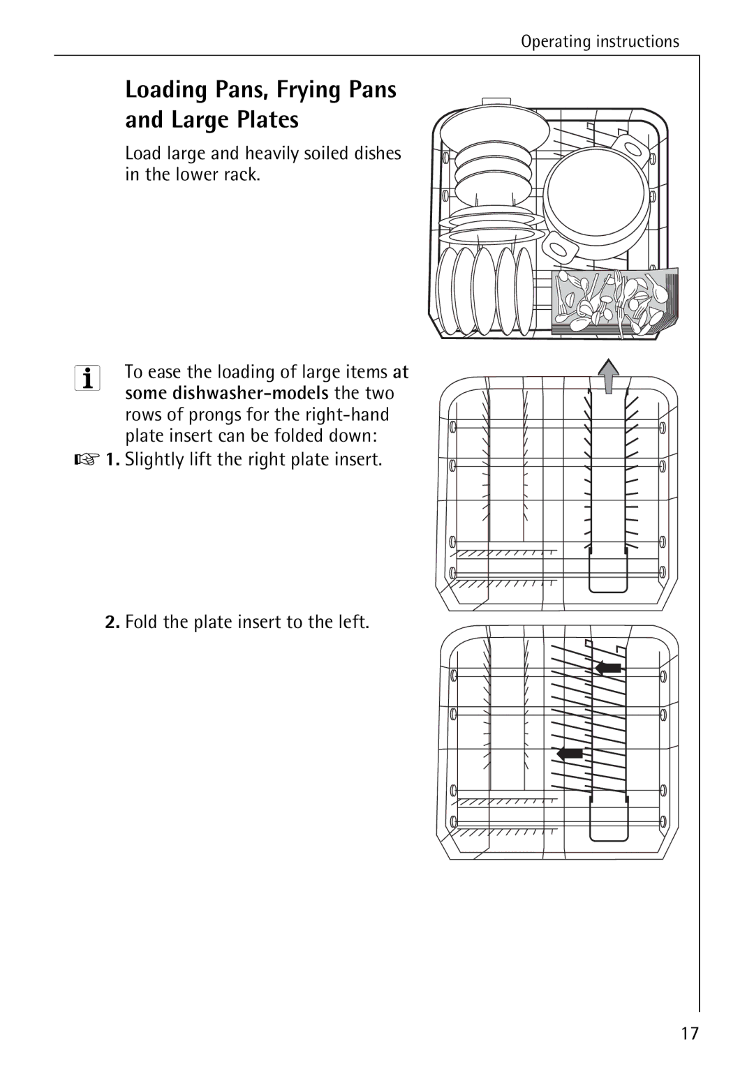 AEG 6281 I manual Loading Pans, Frying Pans Large Plates, Load large and heavily soiled dishes in the lower rack 