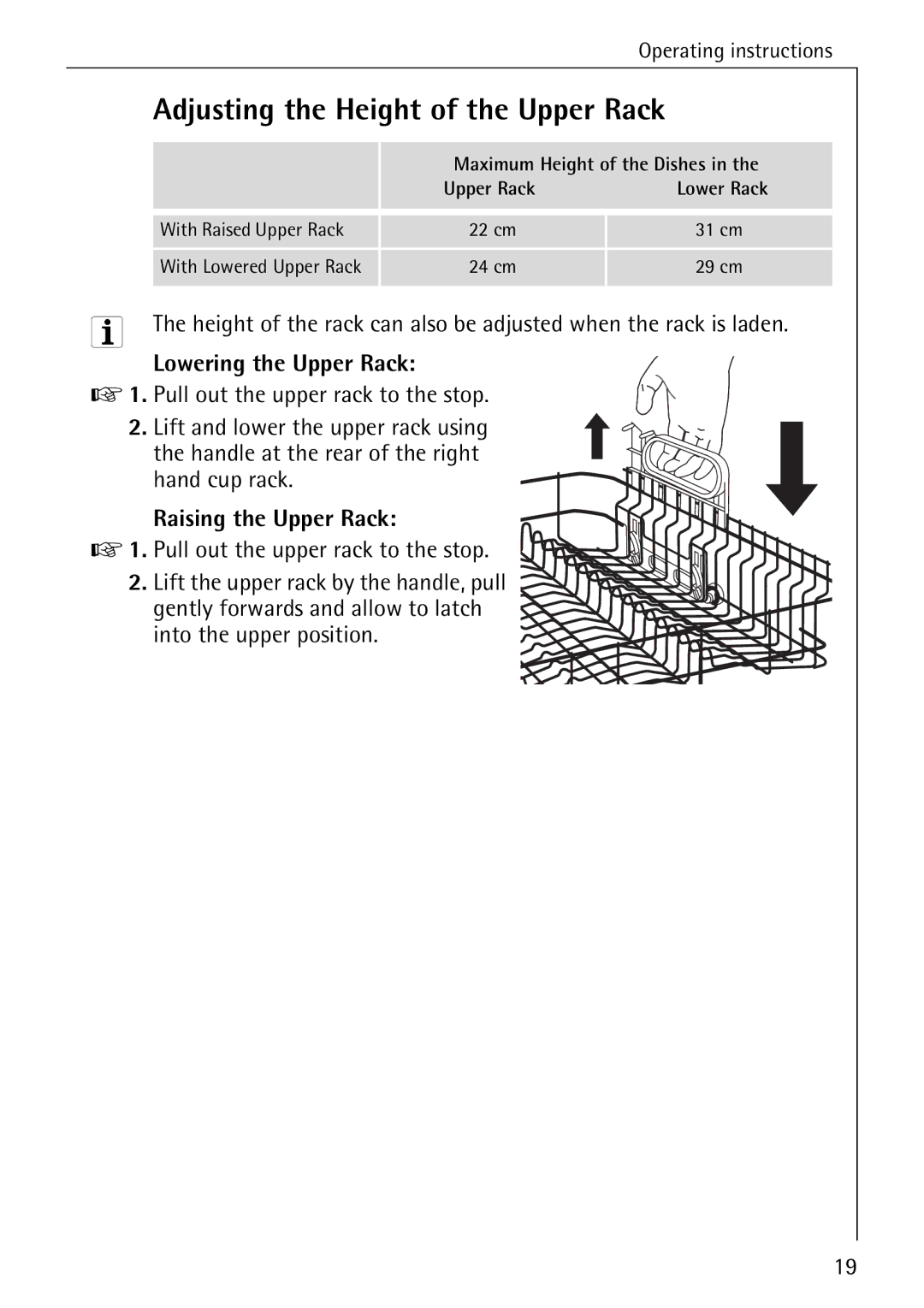 AEG 6281 I manual Adjusting the Height of the Upper Rack, Lowering the Upper Rack, Raising the Upper Rack 