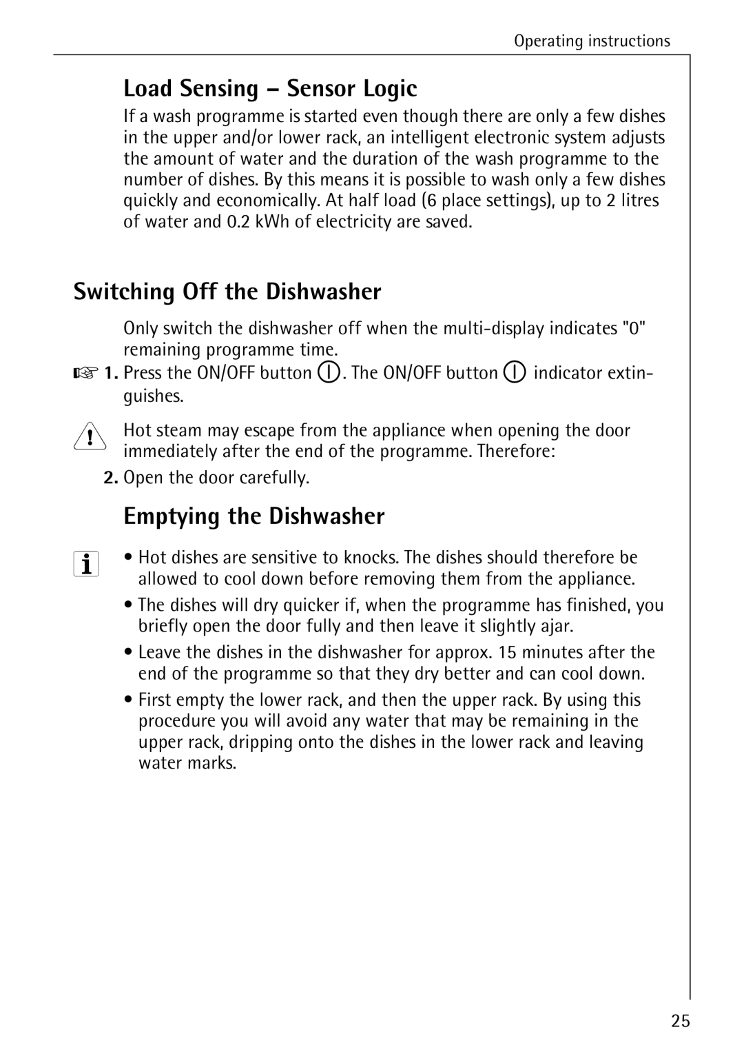 AEG 6281 I manual Load Sensing Sensor Logic, Switching Off the Dishwasher, Emptying the Dishwasher 