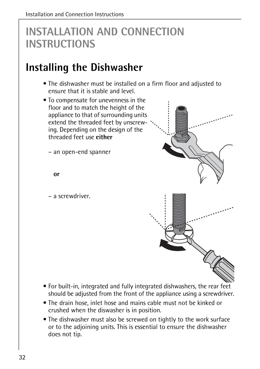 AEG 6281 I manual Installing the Dishwasher, An open-end spanner Screwdriver 