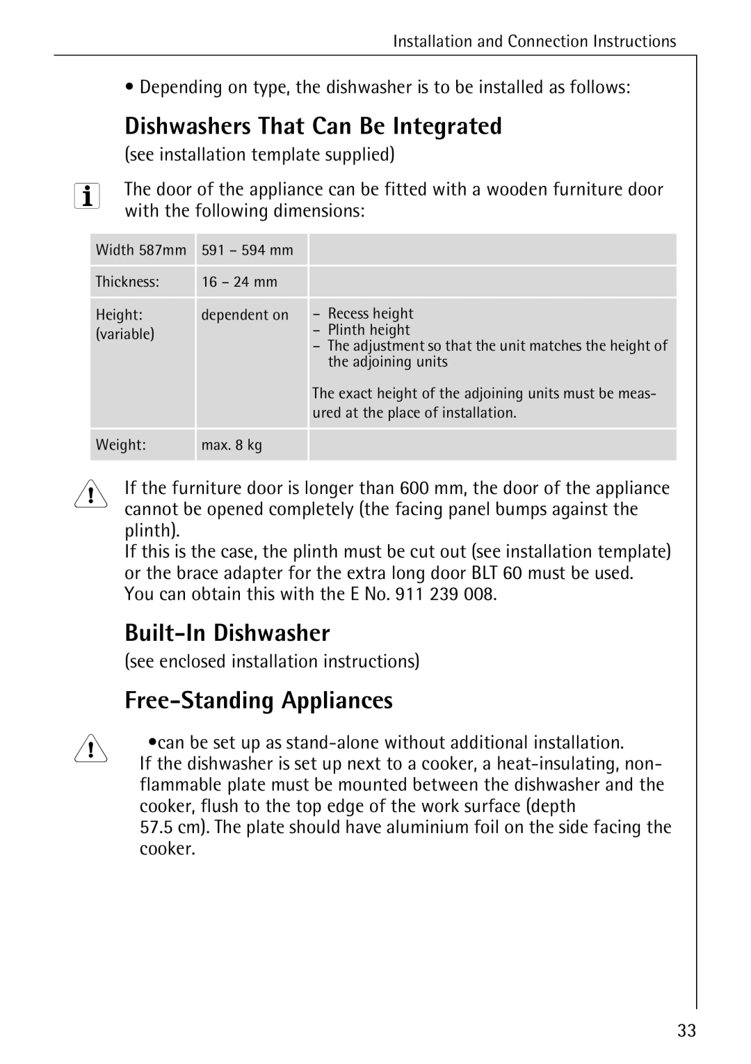 AEG 6281 I manual Dishwashers That Can Be Integrated, Built-In Dishwasher, Free-Standing Appliances 