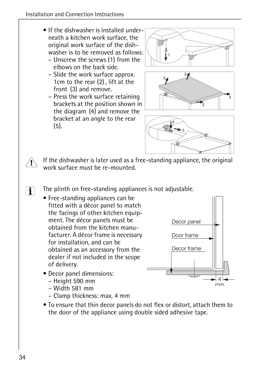 AEG 6281 I manual Work surface must be re-mounted, Plinth on free-standing appliances is not adjustable 