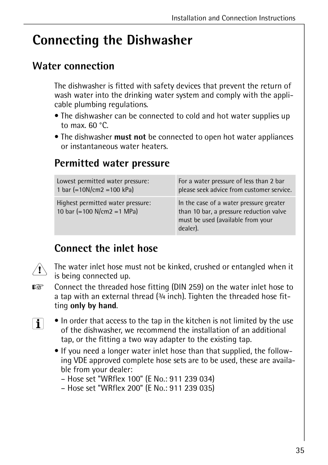 AEG 6281 I manual Connecting the Dishwasher, Water connection, Permitted water pressure, Connect the inlet hose 