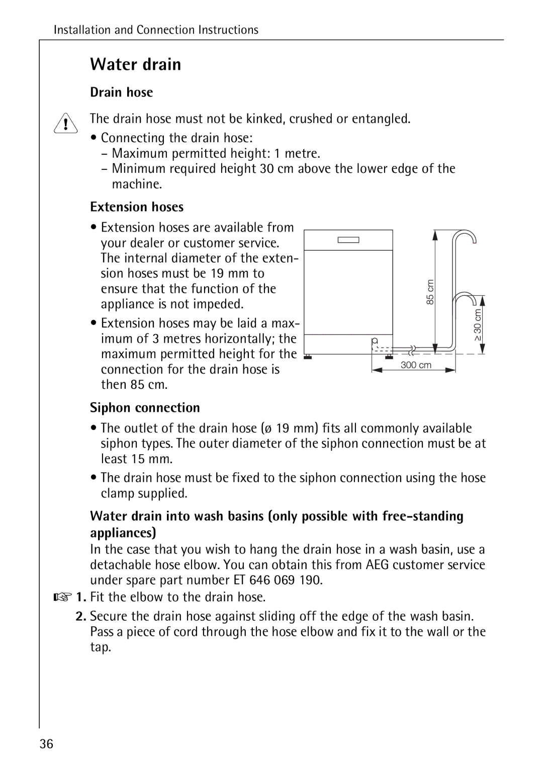 AEG 6281 I manual Water drain, Drain hose, Extension hoses are available from, Siphon connection 