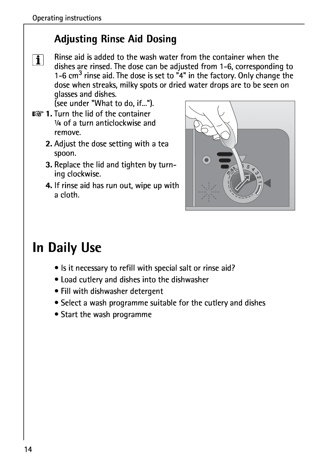 AEG 6281 I manual In Daily Use, Adjusting Rinse Aid Dosing 