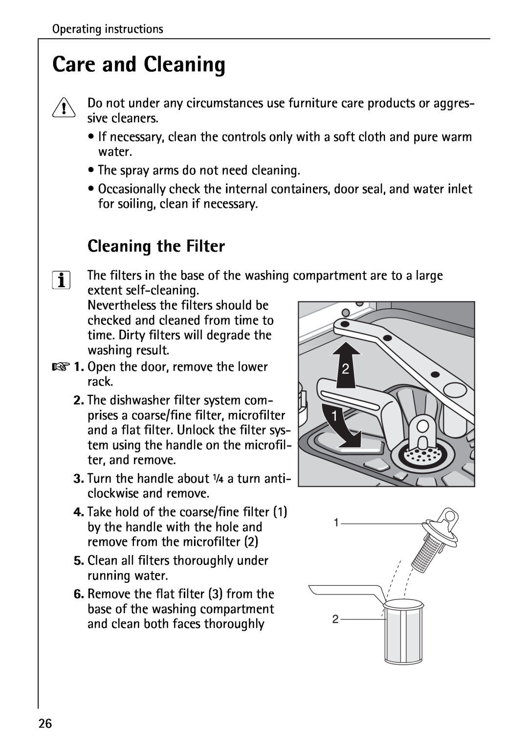 AEG 6281 I manual Care and Cleaning, Cleaning the Filter 