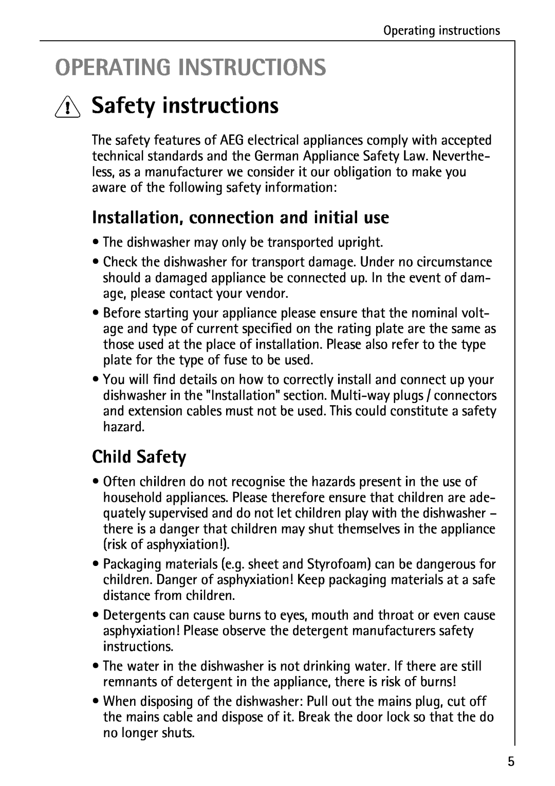 AEG 6281 I manual Operating Instructions, Safety instructions, Installation, connection and initial use, Child Safety 