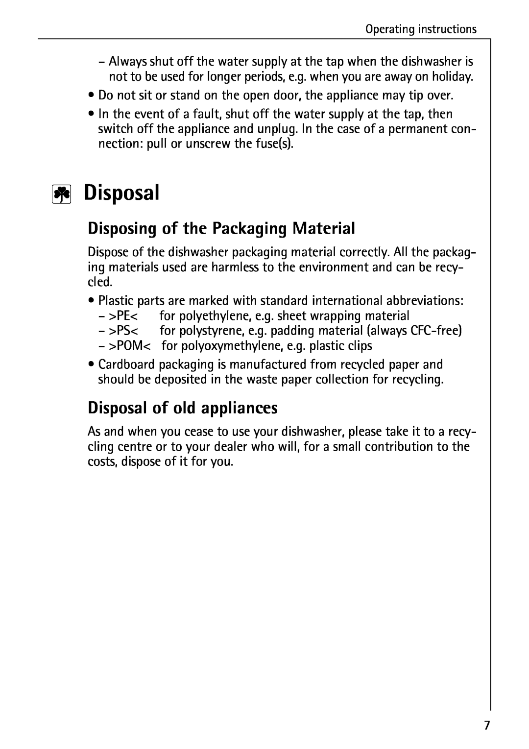 AEG 6281 I manual Disposing of the Packaging Material, Disposal of old appliances 