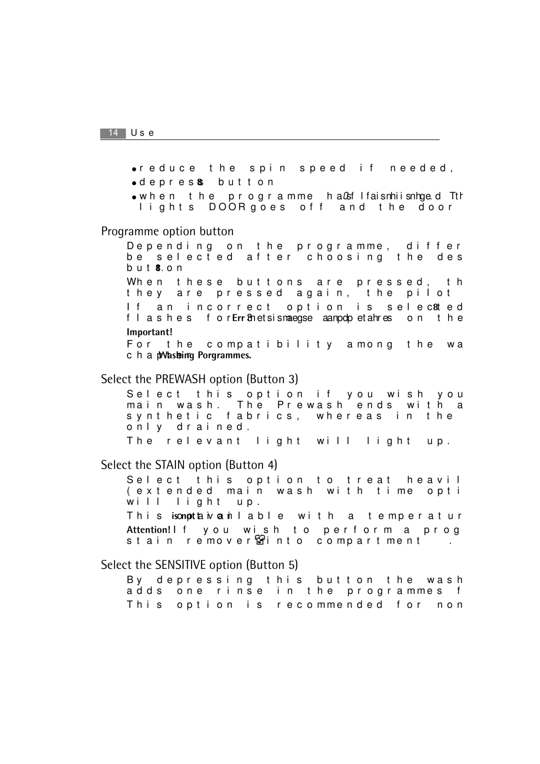 AEG 62840 user manual Programme option button, Select the Prewash option Button, Select the Stain option Button 