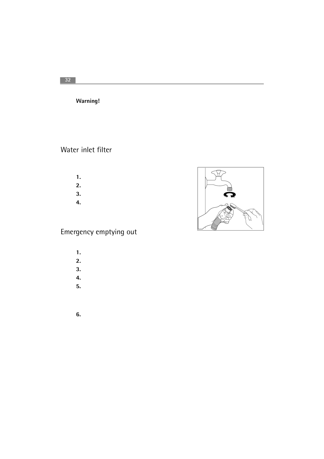 AEG 62840 user manual Water inlet filter, Emergency emptying out 