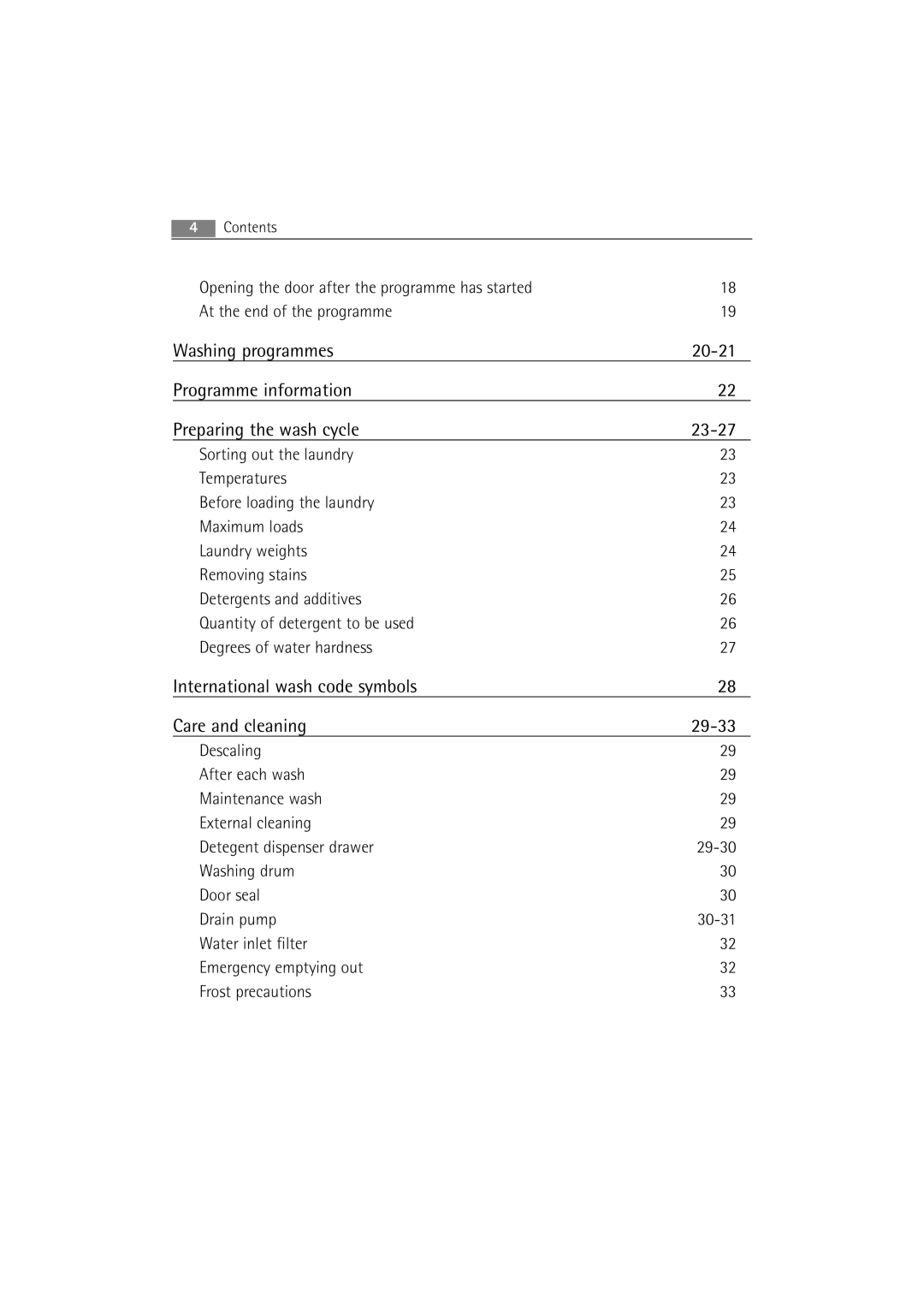 AEG 62840 user manual International wash code symbols Care and cleaning 29-33 