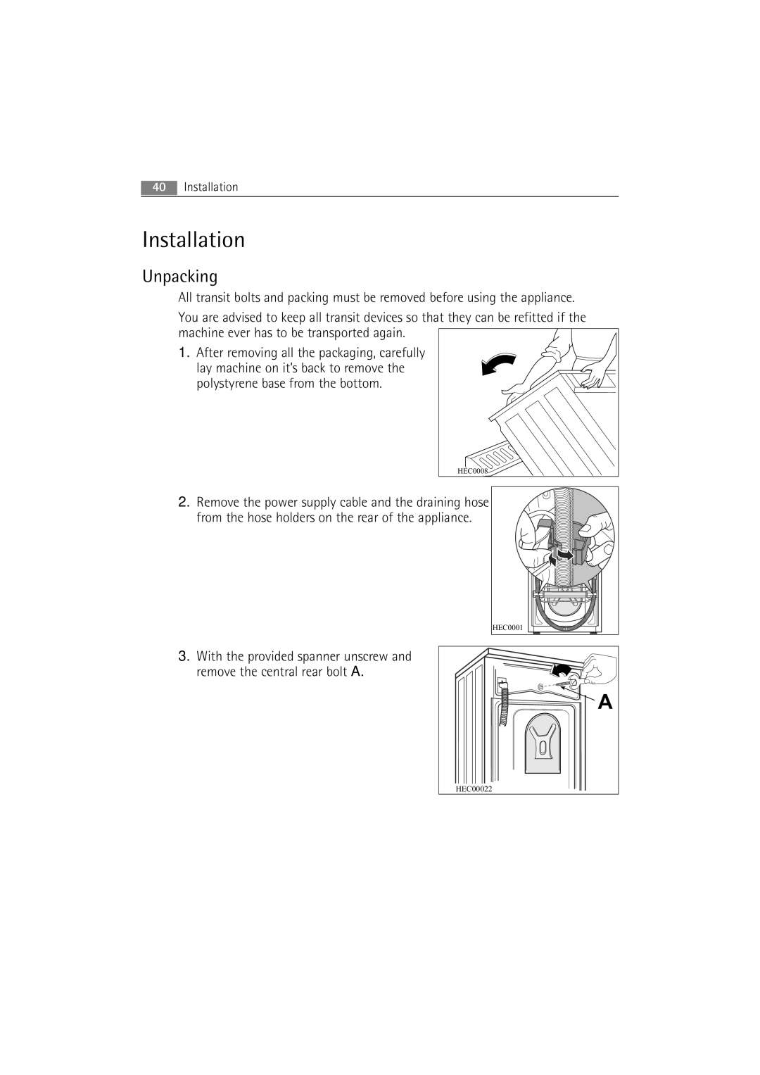 AEG 62840 user manual Installation, Unpacking 