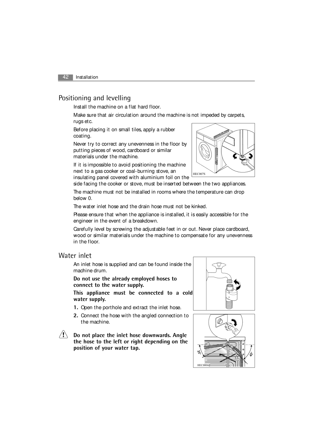 AEG 62840 user manual Positioning and levelling, Water inlet 