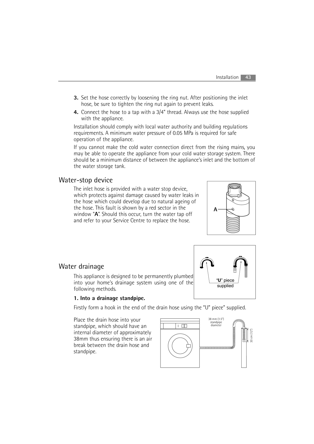 AEG 62840 user manual Water-stop device, Water drainage, Into a drainage standpipe 