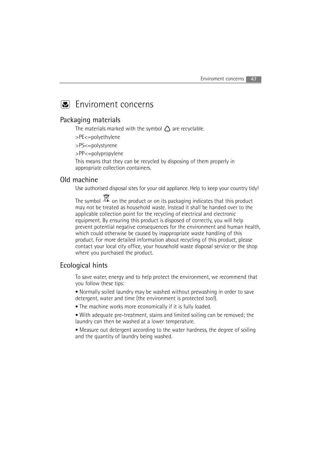 AEG 62840 user manual Enviroment concerns, Packaging materials, Old machine, Ecological hints 