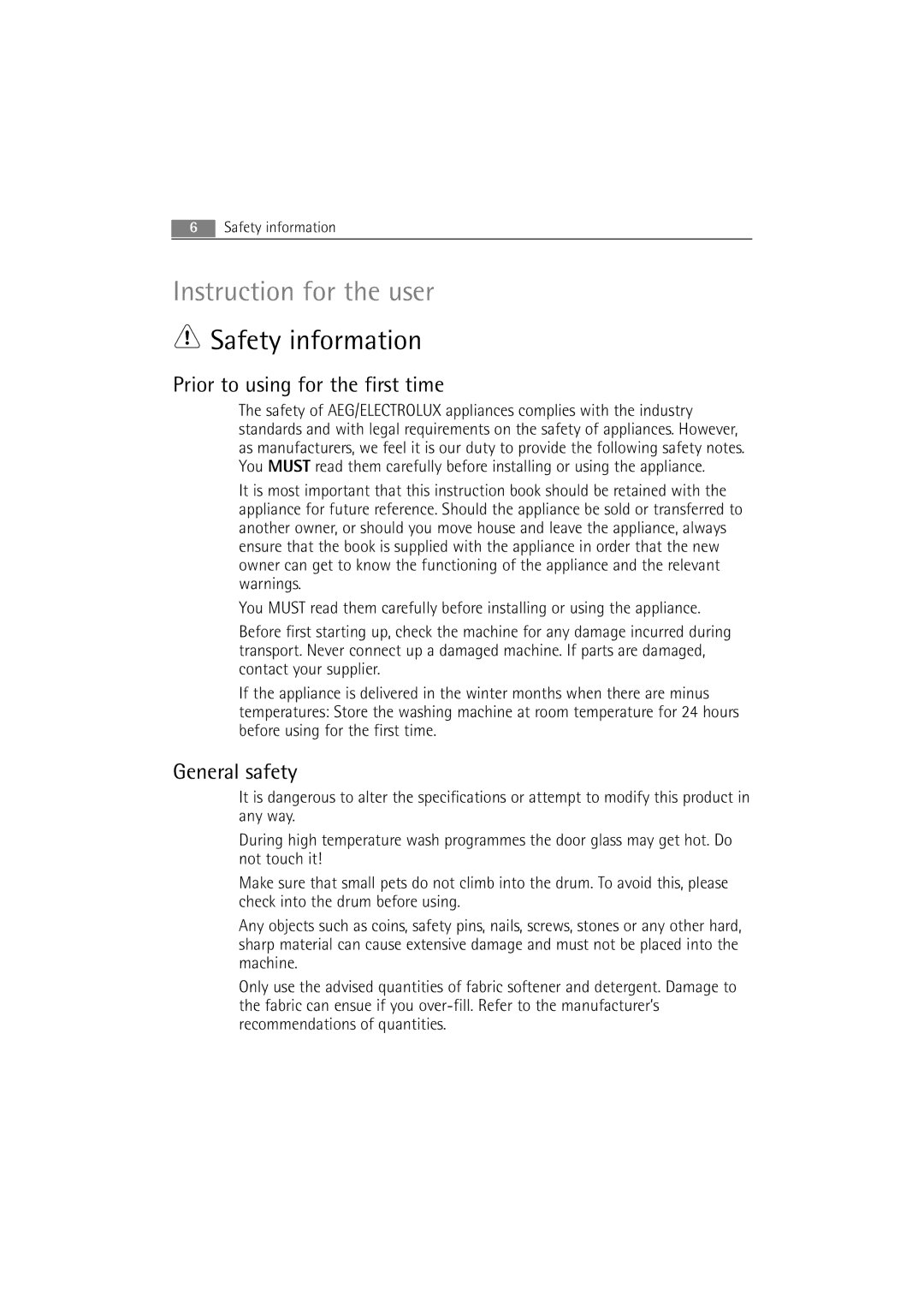 AEG 62840 user manual Safety information, Prior to using for the first time, General safety 