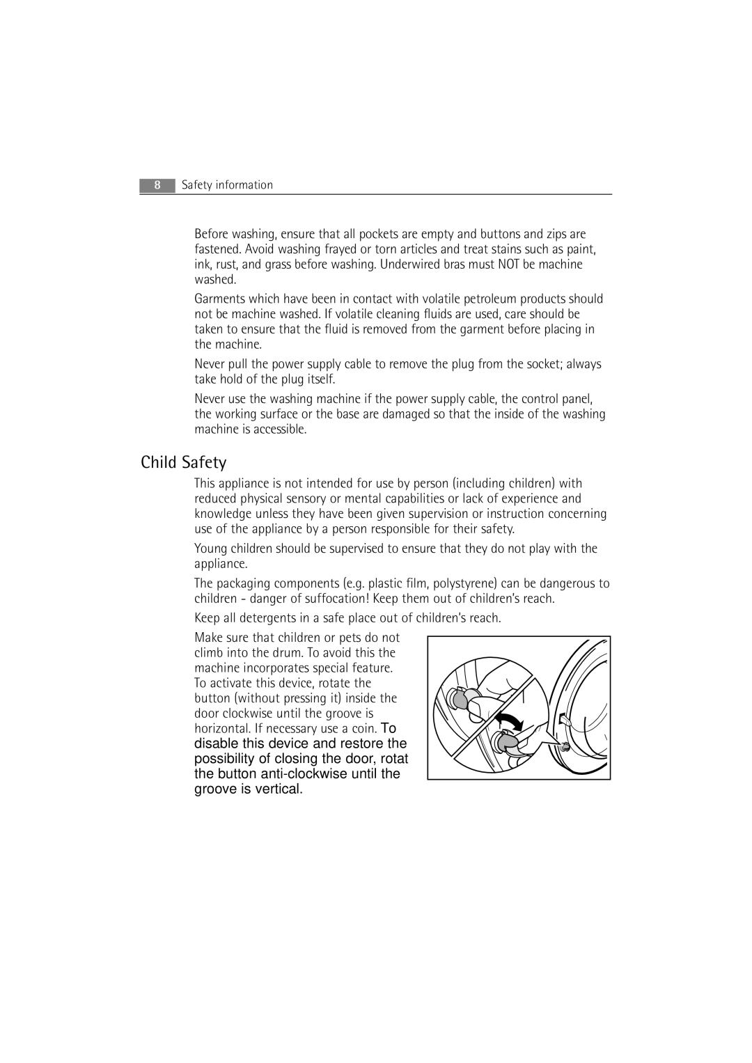 AEG 62840 user manual Child Safety 