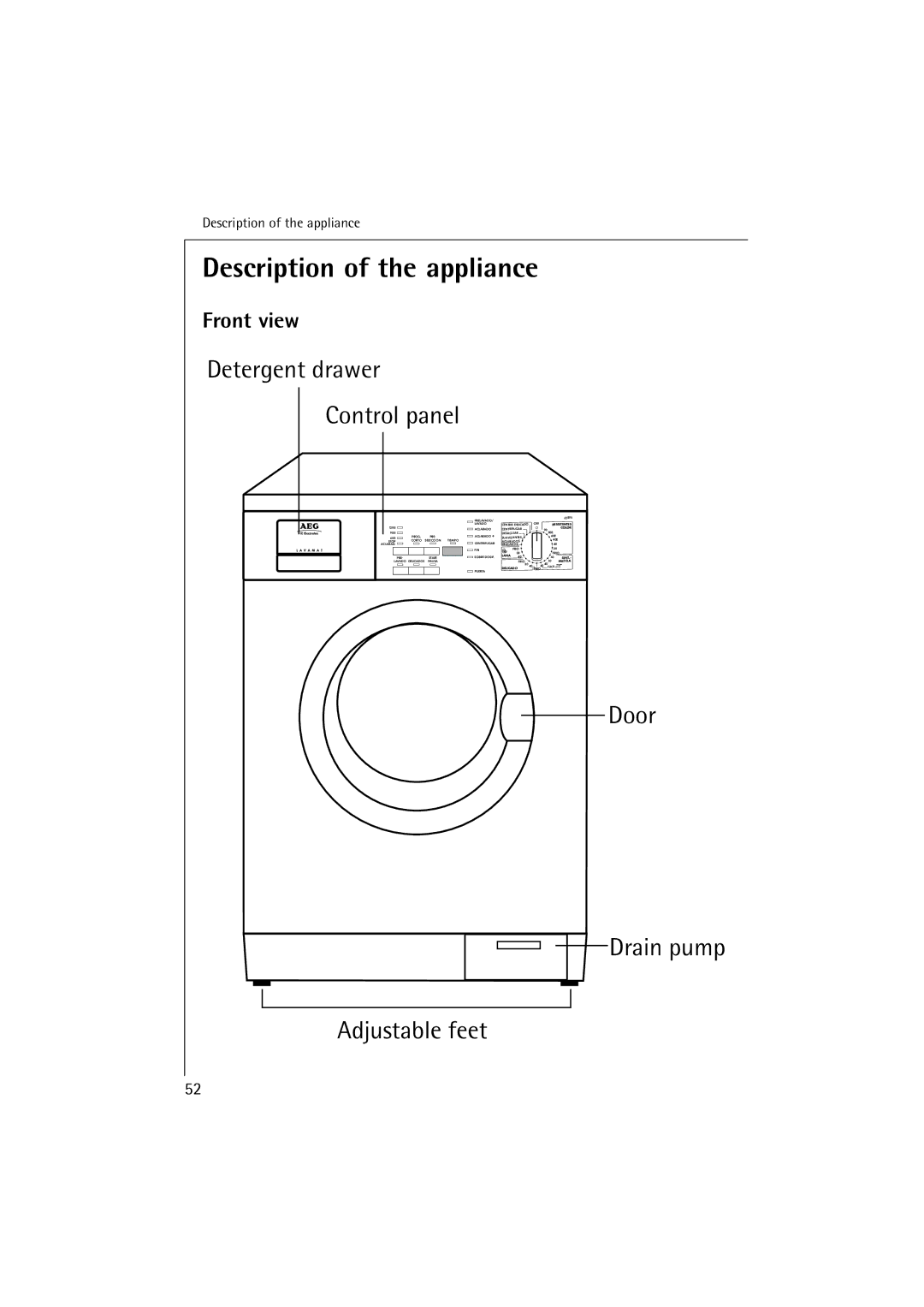 AEG 62895, 60895 manual Description of the appliance, Front view 