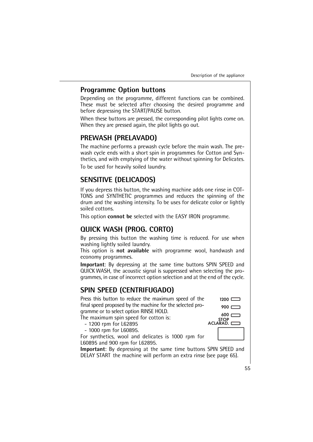 AEG 60895, 62895 manual Programme Option buttons, To be used for heavily soiled laundry 