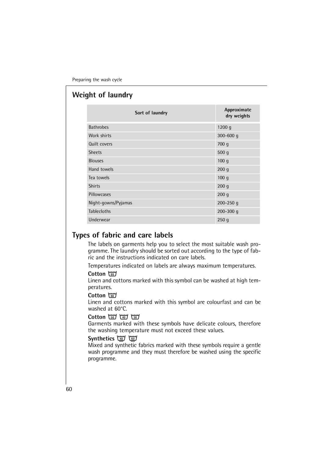 AEG 62895 Weight of laundry, Types of fabric and care labels, Cotton, Synthetics, Sort of laundry Approximate Dry weights 