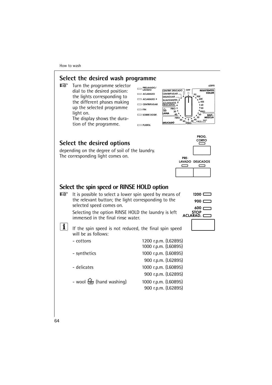 AEG 62895, 60895 Select the desired wash programme, Select the desired options, Select the spin speed or Rinse Hold option 