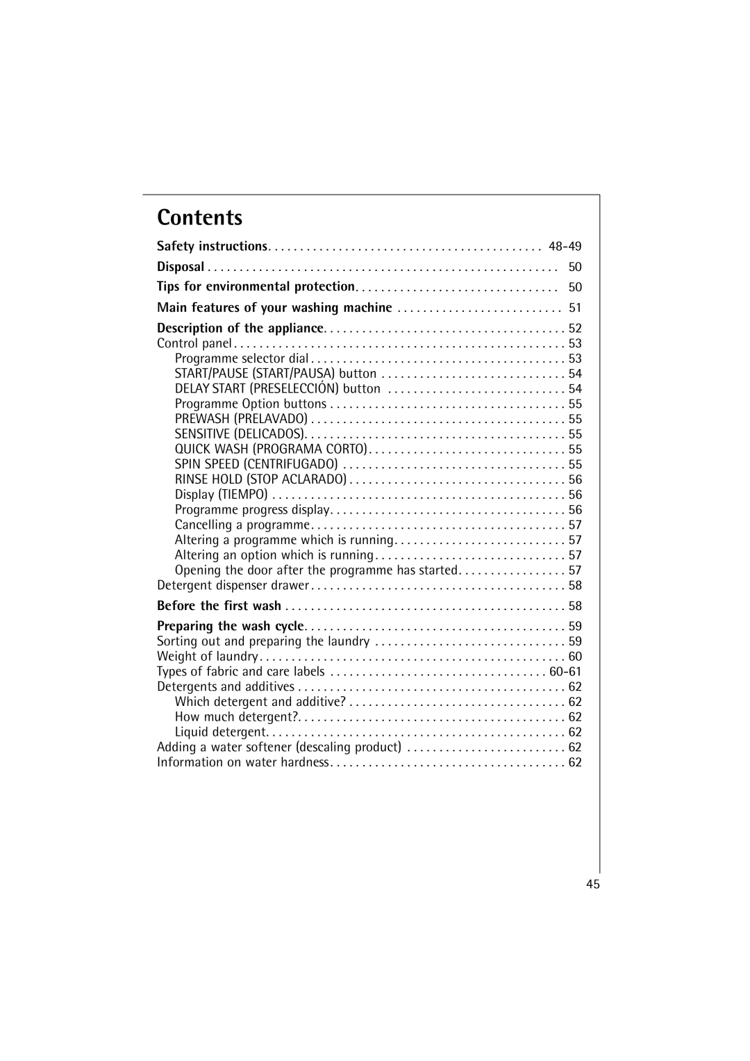 AEG 60895, 62895 manual Contents 