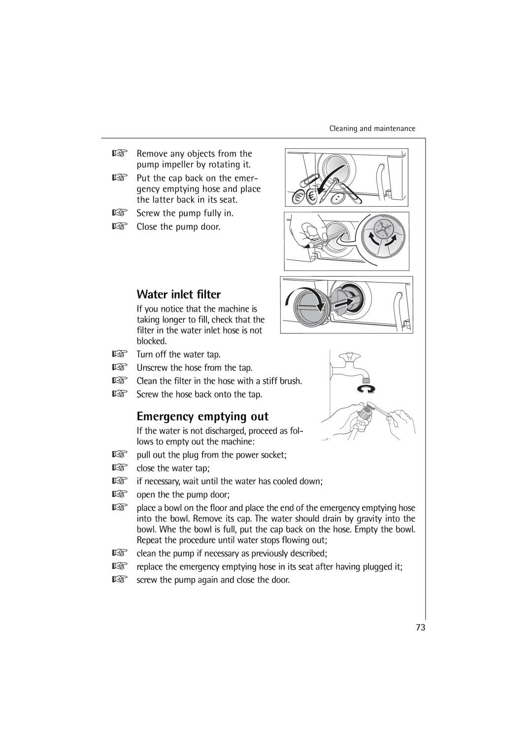 AEG 60895, 62895 manual Water inlet filter, Emergency emptying out, Screw the pump fully Close the pump door 