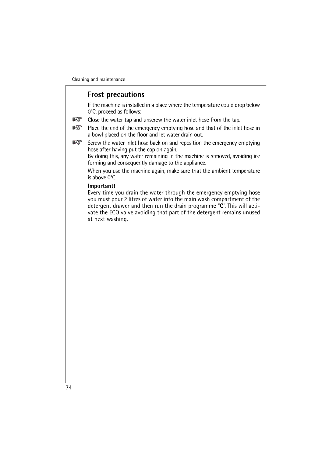 AEG 62895, 60895 manual Frost precautions 