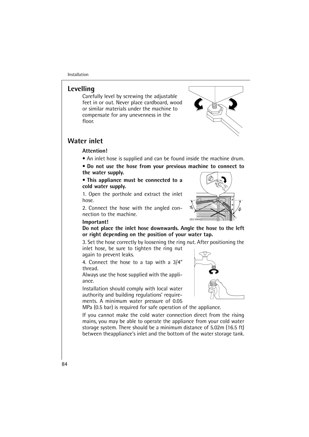 AEG 62895, 60895 manual Levelling, Water inlet, MPa 0.5 bar is required for safe operation of the appliance 