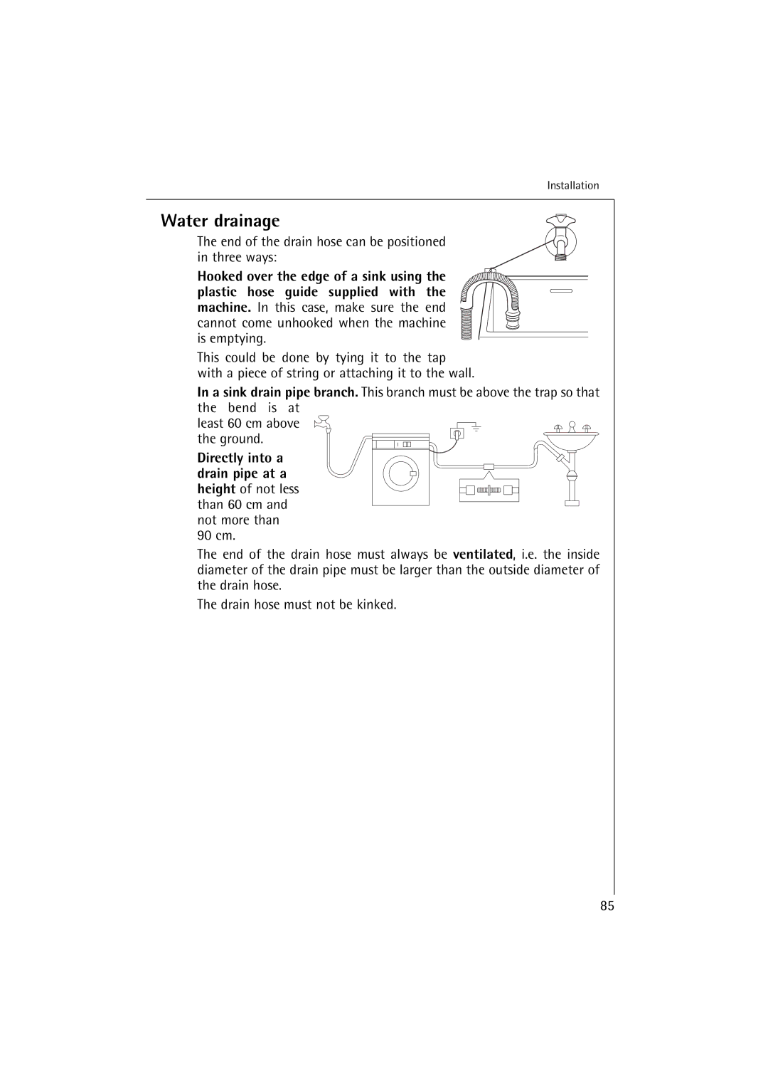 AEG 60895, 62895 manual Water drainage, End of the drain hose can be positioned in three ways 